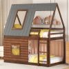 Wood Twin Size House Bunk Bed with Roof, Ladder and 2 Windows - Oak & Smoky Grey