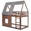 Wood Twin Size House Bunk Bed with Roof, Ladder and 2 Windows - Oak & Smoky Grey