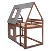 Wood Twin Size House Bunk Bed with Roof, Ladder and 2 Windows - Oak & Smoky Grey